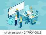 Vector of technicians and engineers meeting to discuss machine improvement and maintenance planing in conference room. Industrial workers concept