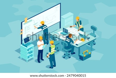 Vector of technicians and engineers meeting to discuss machine improvement and maintenance planing in conference room. Industrial workers concept