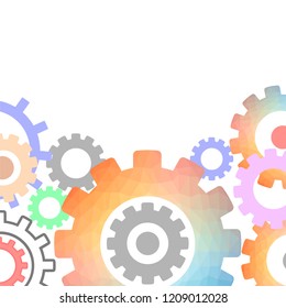 Vector Techno Background with Geometric Colorful Gear Wheels. Space for Text. Modern Mechanism Industrial Concept. Technology Polygonal Gears Pattern.
