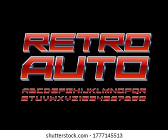 Vector techno banner Retro Auto with Red and Metal 3D Font. Industry style Alphabet Letters and Numbers