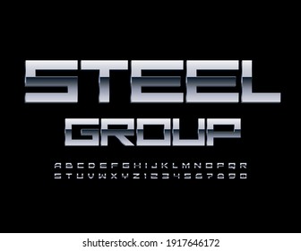 Vector techno concept Steel Group. Stainless steel Font. Metallic Alphabet Letters and Numbers set