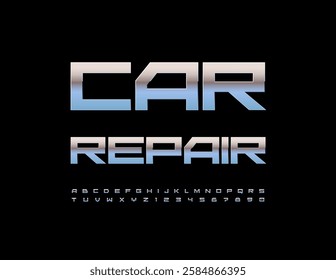 Vector Techno emblem Car Repair. Unique Steel Font. Glossy Metallic Alphabet Letters and Numbers set.