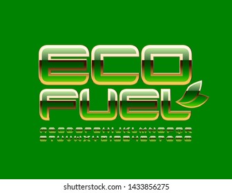 Embudo ecológico con hojas decorativas. Gold y Green chic Font. Letras y números de alfabeto superior de élite