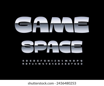 Vector techno emblem Game Space. Playful metallic Font. Modern Alphabet Letters and Numbers set