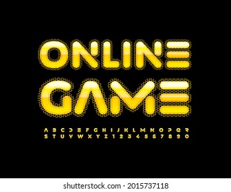 Juego en línea con emblema de vector techno. Juego de letras y números de alfabeto cibernético. Fuente Amarilla brillante