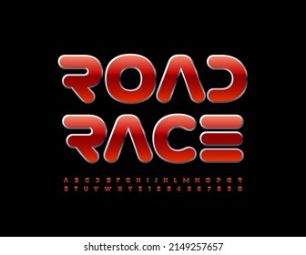 Vector techno emblem Road Race with abstract style Font. Unique shiny Alphabet Letters and Numbers