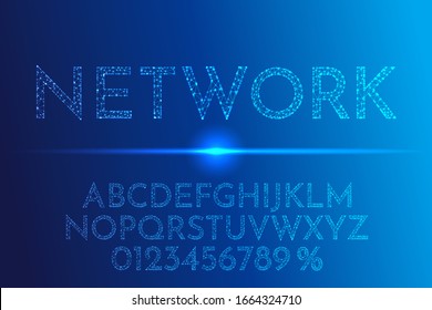 Vector techno font with lines and glowing dots. Polygonal concept. Letters, numbers and percent sign for design cards, invitation, flyers, sale banners, promotion ad, website template. Low poly style