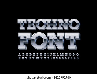 Vector Techno Font. Uppercase Metallic Alphabet. Set of Silver Alphabet Letters and Numbers