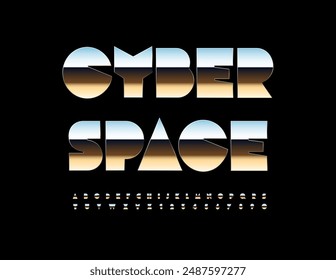 Vector techno icon Cyber Space. Trendy Metallic Font. Unique Silver Alphabet Letters and Numbers set.