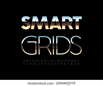 Vector techno icon Smart Grids. Slim Silver Font. Trendy Metallic Alphabet Letters and Numbers set.
