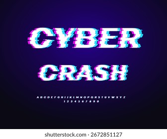 Logotipo da Vetor Techno Cyber Crash. Fonte digital brilhante. Letras e Números de Alfabeto de Pixels com Falha definidos.