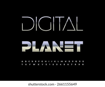 Logotipo de Techno Vector Digital Planet. Fuente futurista metálica. Conjunto exclusivo de letras y números del alfabeto de plata