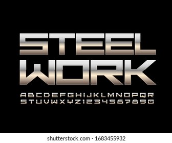 Vector Techno Logo Steel Work With Metallic Font. Chrome Alphabet Letters And Numbers