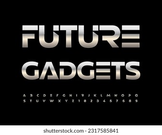 Vector techno poster Future Gadgets with modern style Font. Metallic unique Alphabet Letters, Numbers and Symbols set