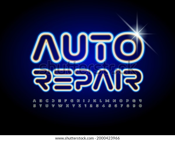Vector techno sign Auto
Repair. Futuristic Digital Font. Neon light Alphabet Letters and
Numbers set