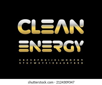 Vector techno sign Clean Energy with metallic Alphabet Letters and Numbers set. Gold futuristic Font