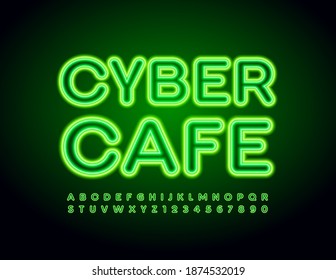 Vector techno sign Cyber Cafe. Modern glowing Font. Green Neon Alphabet Letters and Numbers set