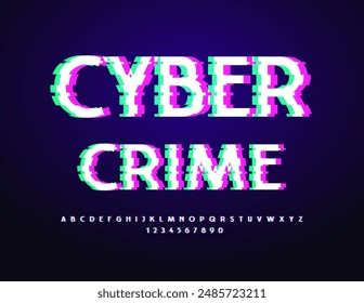 Vector techno sign Cyber Crime. Bright Creative Font. Glitched pixels Alphabet Letters and Numbers set