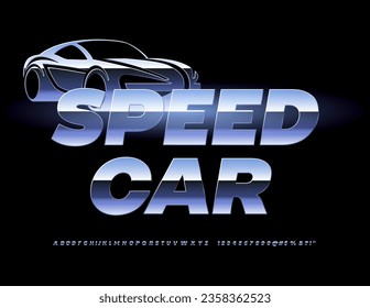 Vectortechno-Stil Emblem Speed Car mit dekorativem Automobil. Metallische Alphabet-Buchstaben, Zahlen und Symbole gesetzt. Chromglänzender Schriftzug