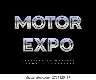 Vector Techno template Motor Expo. Trendy Silver Font. Reflective Metallic Alphabet Letters and Numbers set.