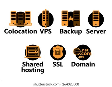 Vector technologic icons set - server, computer, hosting, domain yellow