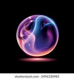 Vector. Technological abstract 3d background. Bright transparent fiery sphere made of plasma. Spectacular realistic image.