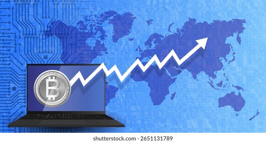 Cartaz tecnológico vetorial. computador móvel 3d, moeda digital bitcoin, seta branca para cima. Aumento do valor de criptomoeda. Mapa de mundo de mosaico de pixel e microcircuito. Blockchain, negócios e finanças