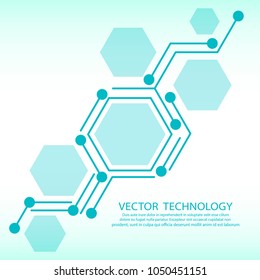 Vector technology abstract background with multiple hexagons, honeycombs in biochemistry and biotechnology concept, atoms and molecules structure, data connection elements backdrop vector poster
