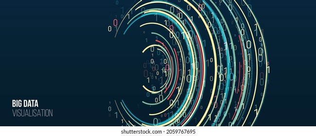Vector technology background. Big data visualization. Abstract stream information with circles array and binary code. Information analytics concept. Filtering machine algorithms. Sorting data.