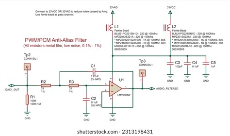 Vector technology background with electrical scheme. Schematic diagram of electric circuit. Drawing of electronic device with operational amplifier, resistor, capacitor, ferrite bead, other components