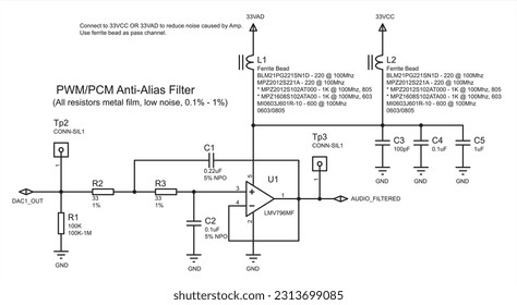 Vector technology background with electrical scheme. Schematic diagram of electric circuit. Drawing of electronic device with operational amplifier, resistor, capacitor, ferrite bead, other components