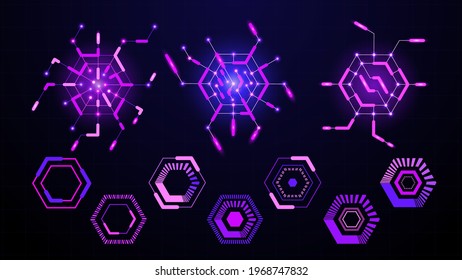 Vector technology background. Elements and icons of futuristic user interface in HUD style. Modern digital information screen labels and shapes template. Detailed HUD, hexagonal UI elements.