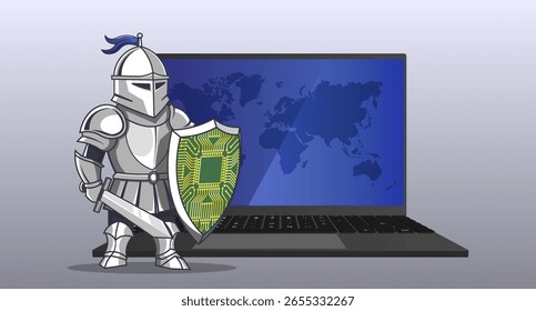 Banner de tecnologia de vetor. computador portátil portátil 3d. Cavaleiro medieval em armadura com espada e escudo. Proteção e antivírus. Tela com mapa do mundo. Segurança de dados digitais