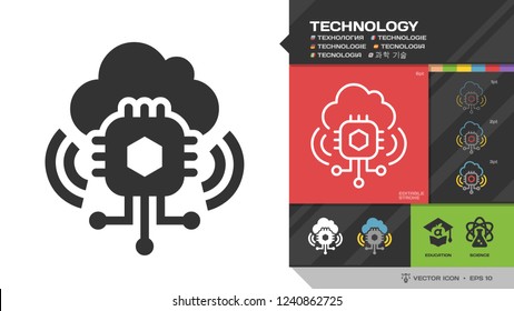 Vector technology black glyph silhouette and editable stroke thin outline single icon with tech digital processor board chip, cloud computing and sensors sign.