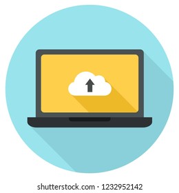 Vector technology black laptop icon. Computer illustration in flat style. On the laptop screen is a cloud of data.