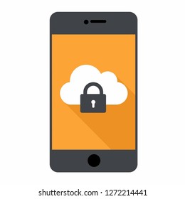 Vector technology black phone icon. On the screen of the smartphone, data cloud and security lock. Phone illustration in flat style