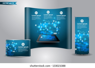 Vector technology business concept, Network process diagram on computer tablet PC With trade exhibition stand display