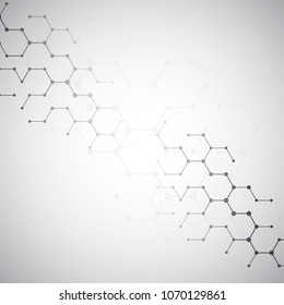 Vector technology conceptual poster with multiple hexagons isolated on white background. DNA chane connections, gene symbols backdrop, deoxyribonucleic acid thread-like chain vector illustration