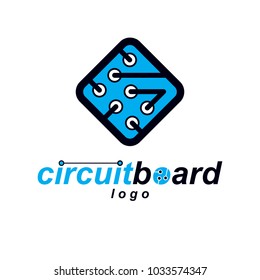 Vector technology cpu design with square microprocessor scheme. Computer circuit board, digital element. Technology microchip logo.