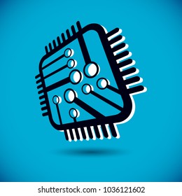 Vector technology cpu design with square microprocessor scheme. Computer circuit board, digital element. Technology microchip logo.
