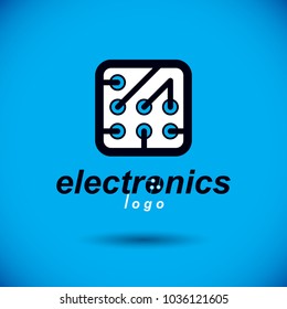Vector technology cpu design with square microprocessor scheme. Computer circuit board, digital element. Technology microchip logo.
