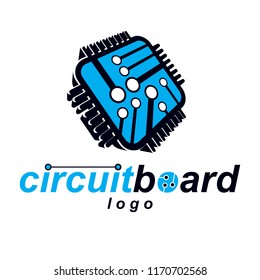 Vector technology cpu design with square microprocessor scheme. Computer circuit board, digital element. Technology microchip logo.