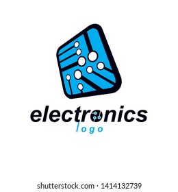 Vector technology cpu design with square microprocessor scheme. Computer circuit board, digital element. Technology microchip logo.