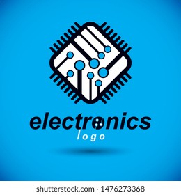 Vector technology cpu design with square microprocessor scheme. Computer circuit board, digital element. Technology microchip logo.