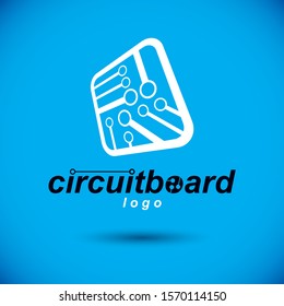 Vector technology cpu design with square microprocessor scheme. Computer circuit board, digital element. Technology microchip logo.