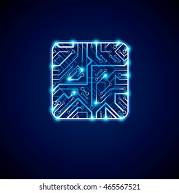 Vector technology cpu design with square luminescent microprocessor scheme. Computer circuit board, neon digital element with flash effect.