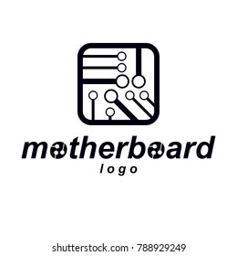 Vector technology cpu design with square microprocessor scheme. Computer circuit board, digital element. Technology microchip logo.