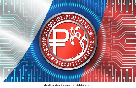 Vector technology financial economic poster. Symbol of digital ruble of Russian Federation on background of national flag and computer microcircuit. Symbolic virtual colored coin of Russia.