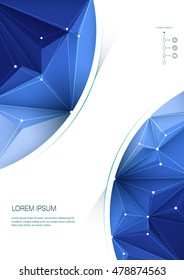 Vector technology in Geometric, Polygonal, Triangle shape with molecule structure on blue background. Blank space for brochure template, cover design, annual report, magazine, flyer, leaflet in A4 