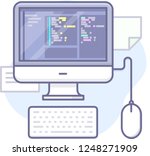 Vector technology graphics for background, banner, mockup, app, website, design, interface. Graphics element includes laptop, computer, mobile, cloud, document, mouse, people, code and keyboard.
